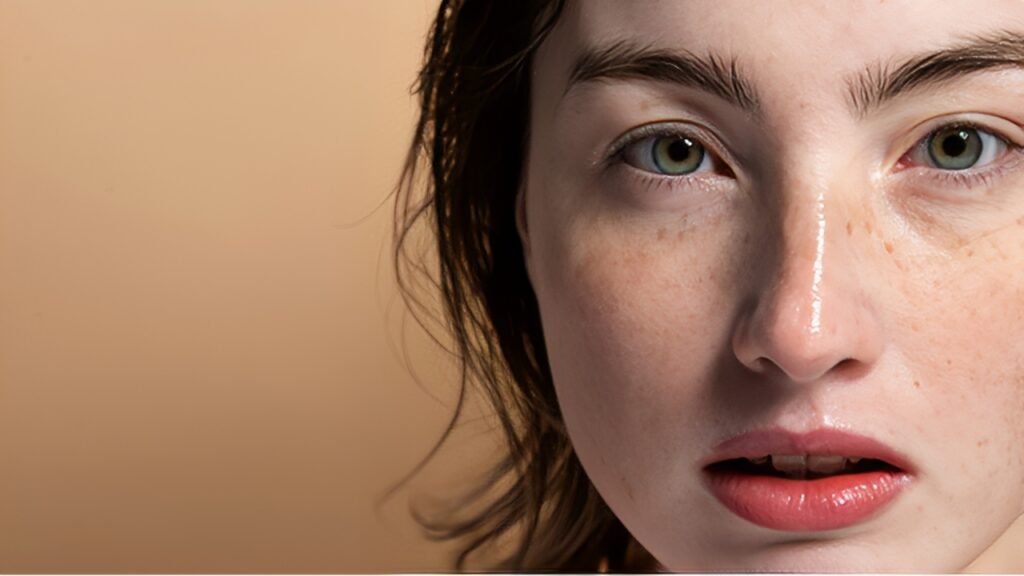 Close-up of a young person’s face showing freckles, natural skin texture, and light redness, with green eyes looking slightly forward.
