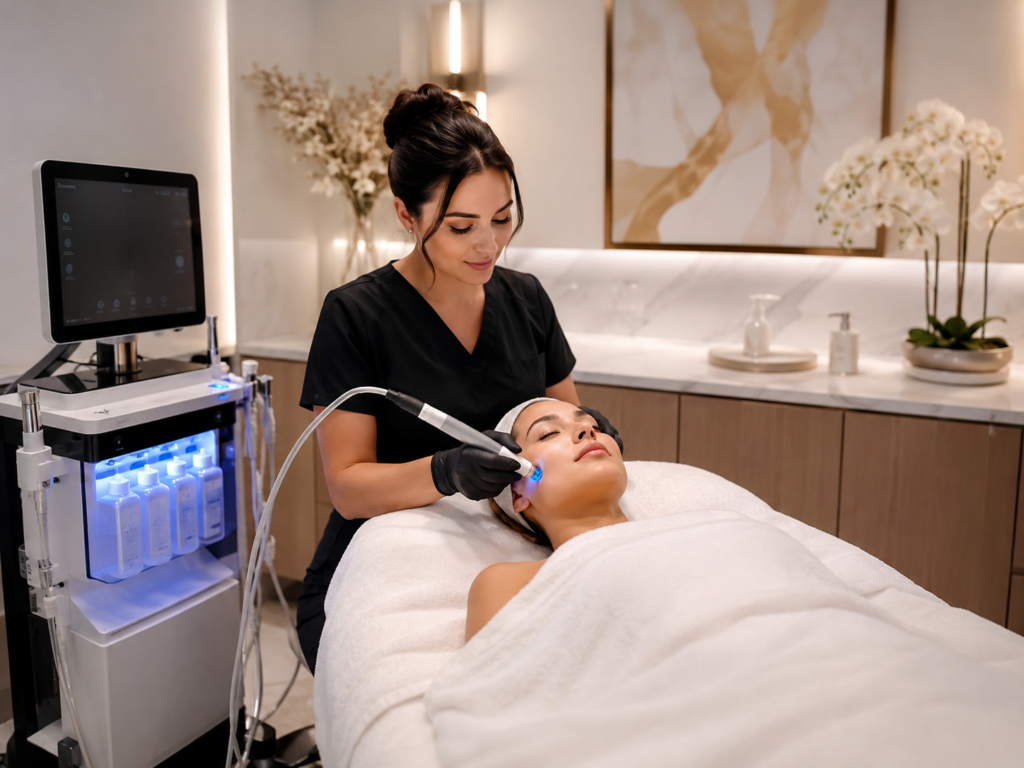 A beautician wearing black scrubs and gloves performs a facial treatment with a handheld device on a client lying on a treatment bed covered with a white towel.