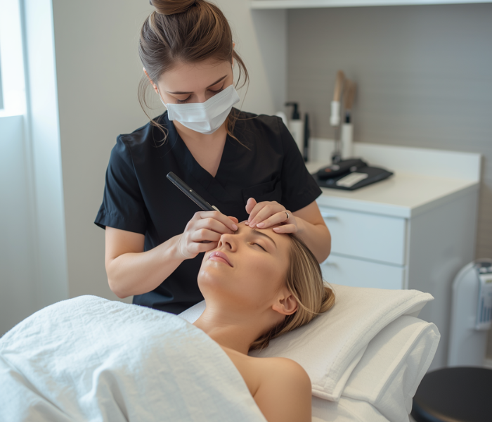 A beautician wearing a face mask shapes a client’s eyebrows with a pencil-like tool while the client lies on a treatment bed with eyes closed.