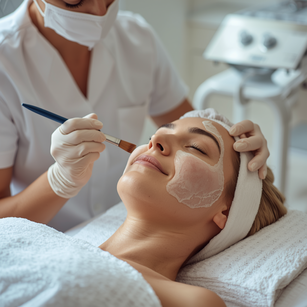 A beautician wearing a white uniform, gloves, and a face mask applies a facial mask with a brush to a client lying on a treatment bed with eyes closed.