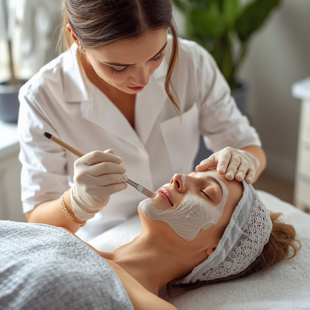 A beautician wearing a white uniform and gloves applies a facial mask with a brush to a client lying on a treatment bed with eyes closed and a headband.