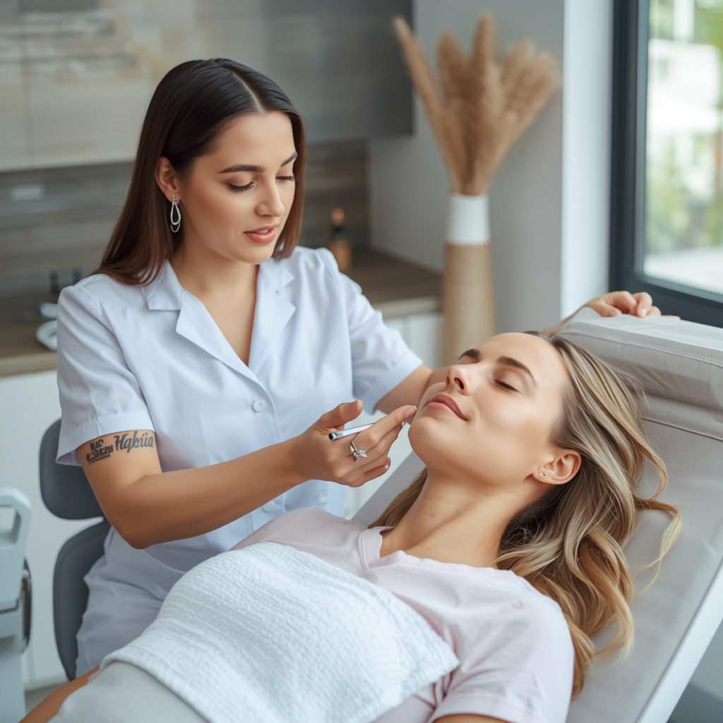 A beautician in a white uniform gently applies treatment to a client’s face while she lies relaxed on a treatment bed with eyes closed.