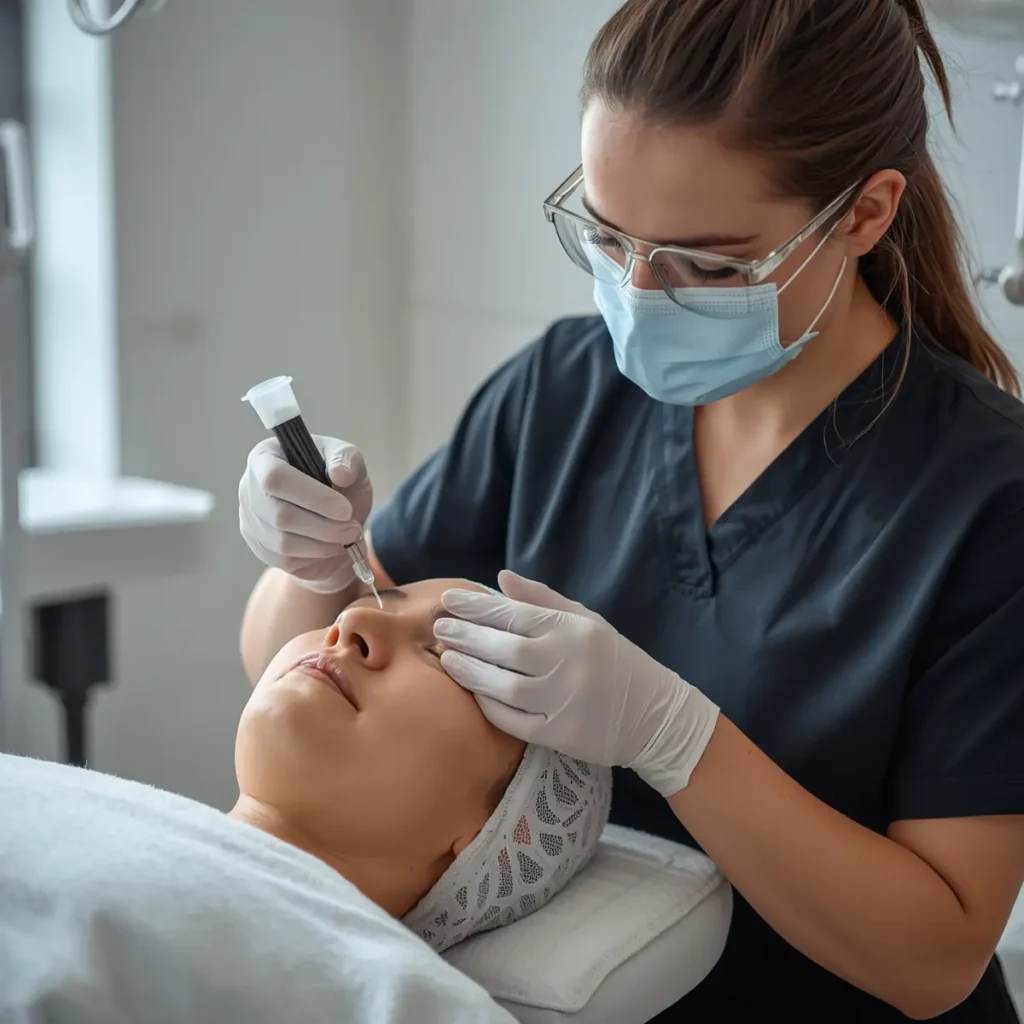 A beautician wearing a face mask, gloves, and protective glasses carefully performs a facial treatment on a client lying on a treatment bed with eyes closed.