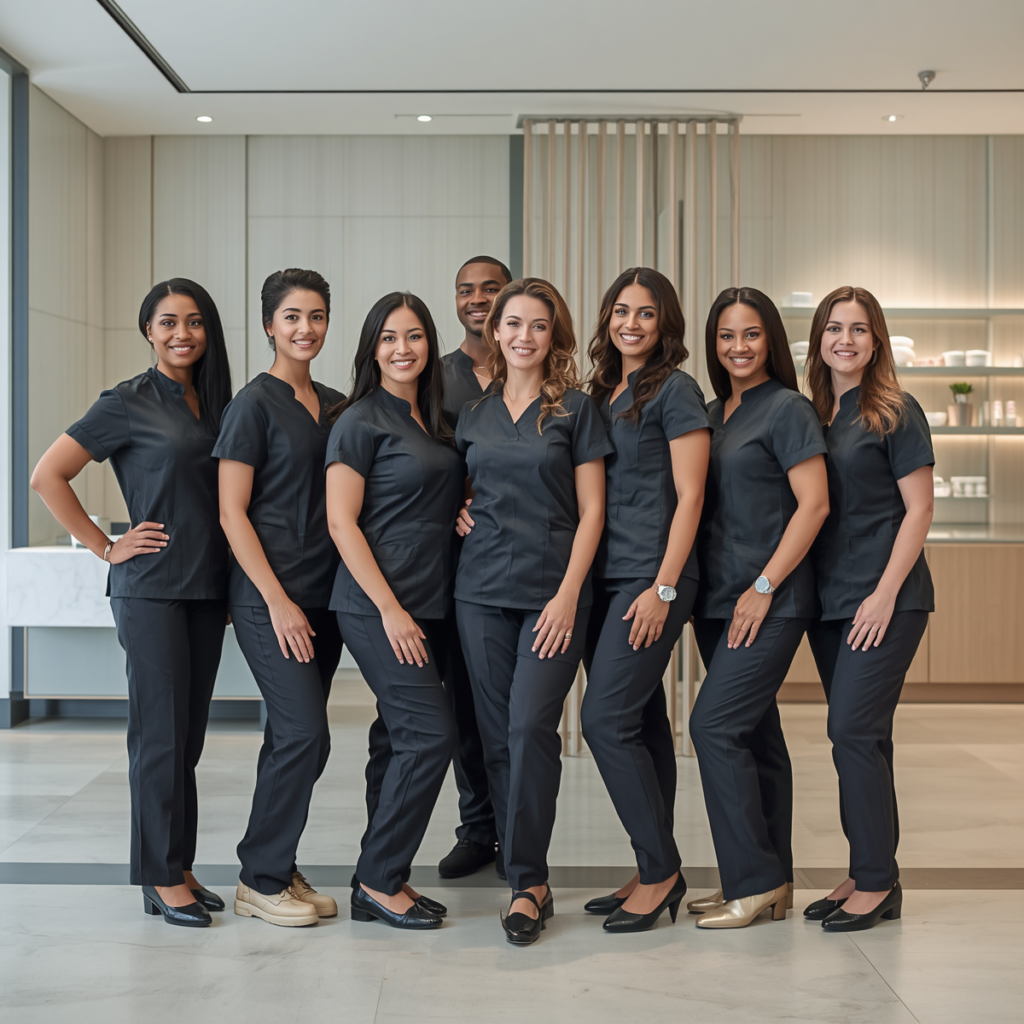 A group of eight spa professionals wearing black uniforms stand together in a modern clinic, smiling at the camera.