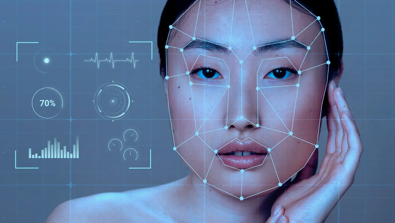 Advanced facial analysis technology mapping facial features and skin characteristics using AI-powered digital imaging.