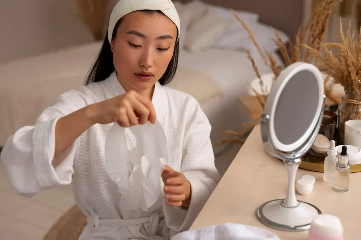 Woman preparing a hydrating sheet mask as part of her at-home skincare and self-care routine.