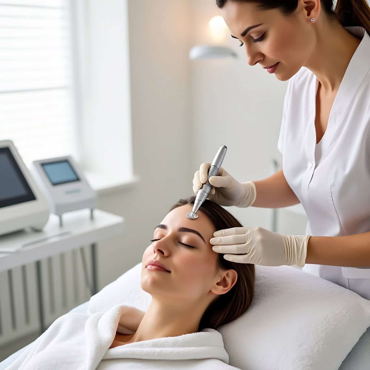 Professional facial treatment with advanced skincare device