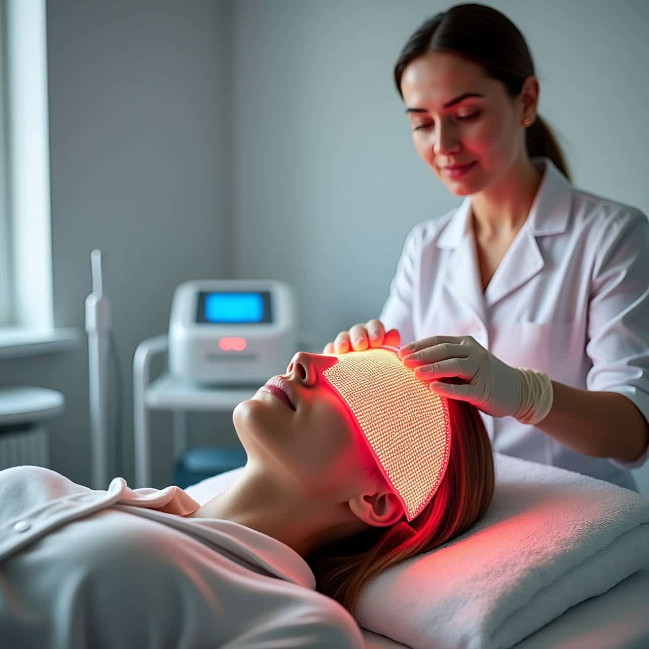 LED light therapy facial treatment in aesthetic clinic
