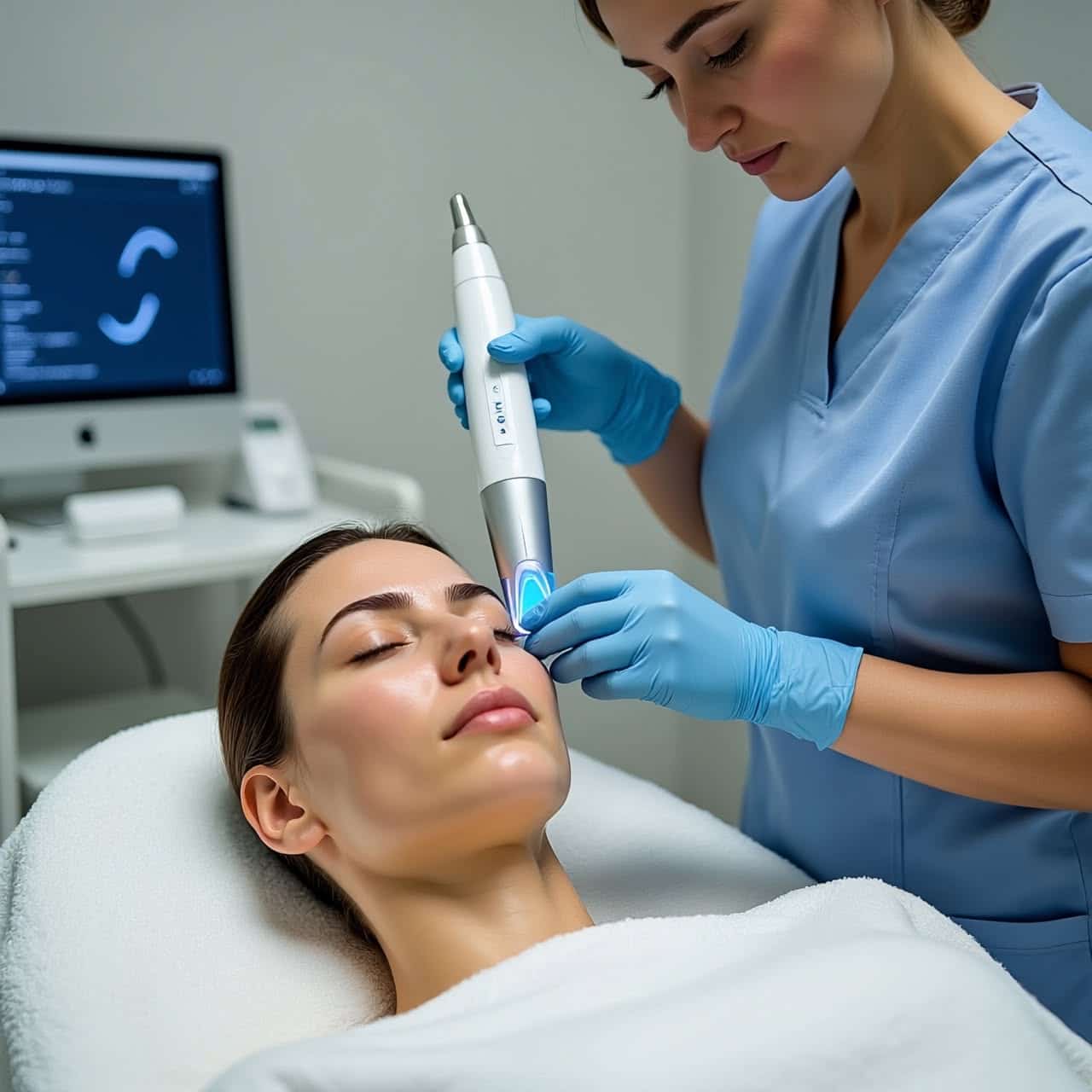 Professional facial treatment using advanced skincare technology