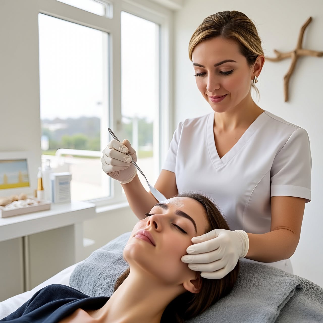 Professional facial mask treatment in a bright spa