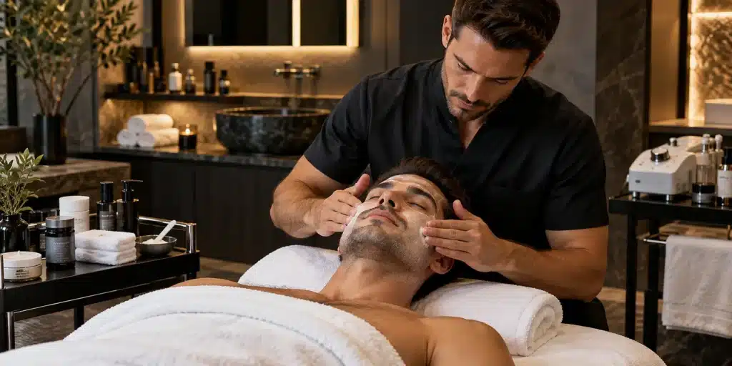 Male skincare specialist performing men's facial treatment